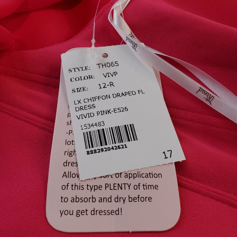NEW THREAD SZ 12R Vivid Pink Chiffon Draped Off-shoulder Floor length Gown Dress - Picture 4 of 10